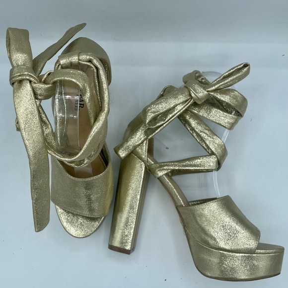 Gold Faux Leather Ankle Tie Sandal Heels Size 7 - Picture 6 of 16